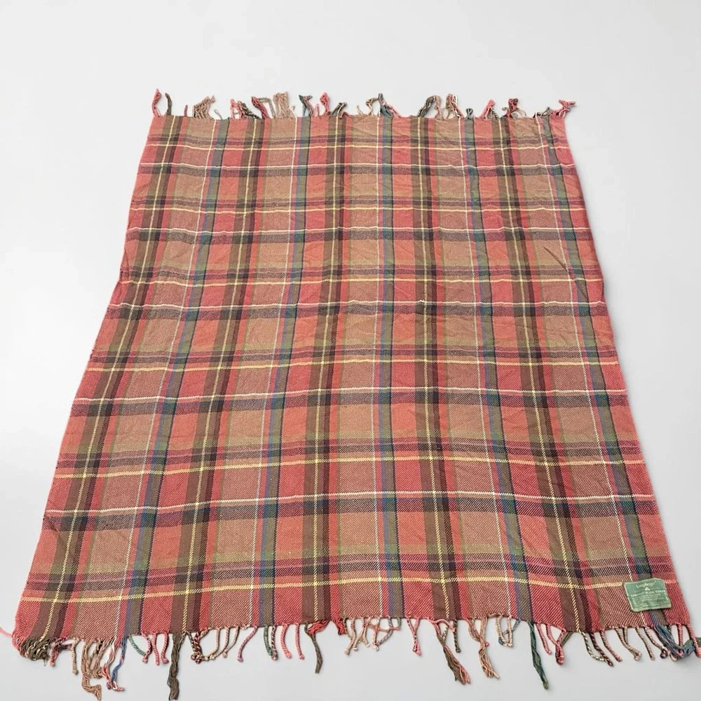 Longaberger Toboso Plaid Throw Blanket Fringe Cotton Blend Red Multi 62x82